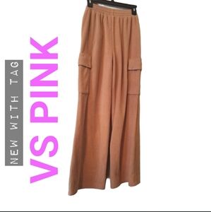 NWT Tan Camel Cargo Recycled Fleece Wide-Leg Pants XS, PINK Victoria's Secret